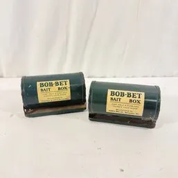 Sale Photo Thumbnail #203: Pair of vintage green metal Bob-Bet bait boxes featuring original paper labels.