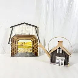 Sale Photo Thumbnail #97: Rustic folk art country décor pair, including a covered bridge shadowbox wall plaque and a barn-shaped decorative watering can.