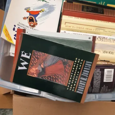 A plastic bin filled with various non-fiction, self-help, and academic books, including 'We: Understanding the Psychology of...