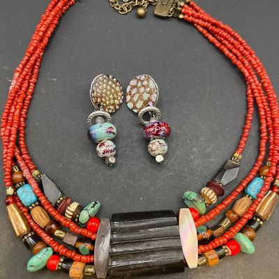 Sale Photo Thumbnail #14: Beaded retired Chicos necklace and clip on earrings
