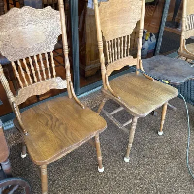 Set of 4 Vintage Oak Pressed-Back Dining Chairs with Ornate Victorian-Style Designs