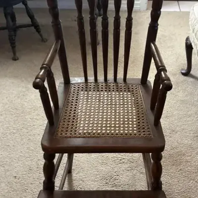 Vintage Wooden Child's High Chair with Carved Spindle Back, Cane Seat & Footrest