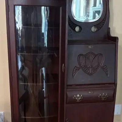 Antique Victorian Art Nouveau Carved Wood Secretary Desk with Curved Glass Display Cabinet & Mirror