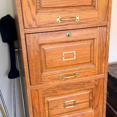 Vintage Oak 4-Drawer Locking File Cabinet with Brass Hardware & Label Holders