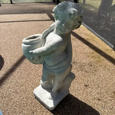 Pair of Vintage-Style Cast Stone Cherub Garden Statues with Basket Planters