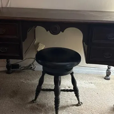 Vintage Dark Wood 4-Drawer Writing Desk with Turned Legs & Round Upholstered Stool