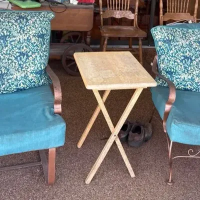 Pair of Decorative Metal Patio Lounge Chairs with Teal Cushions & Accent Pillows