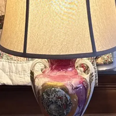 Ornate Porcelain Urn Table Lamp with Victorian Courting Couple Scene 