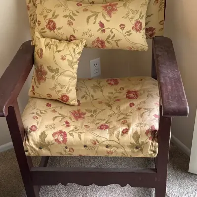 Vintage Mission-Style Wooden Armchair with Floral Upholstery & Matching Pillows