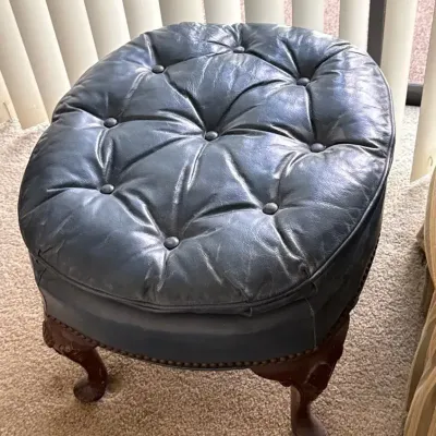 Vintage Oval Button-Tufted Leather-Style Ottoman with Carved Wood Cabriole Legs