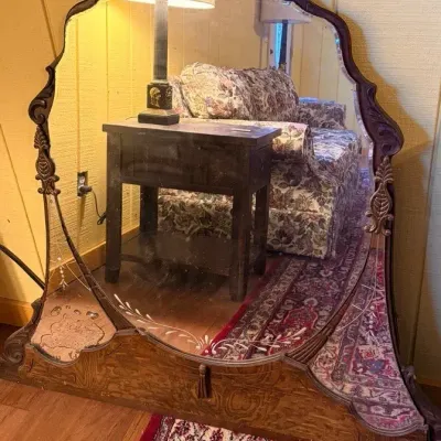 Antique Ornate Carved Oak Mirror with Etched Floral Glass & Original Aged Patina