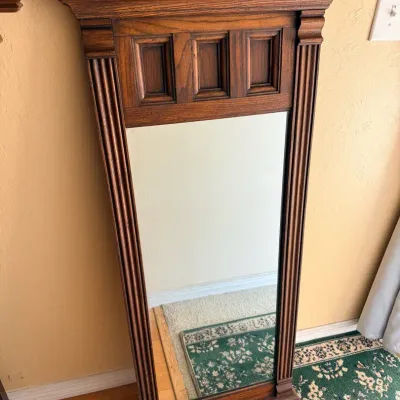 Victorian-Style Carved Oak Wall Mirror with Fluted Columns & Architectural Crown 