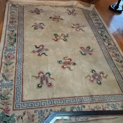 Vintage Chinese-Style Floral Area Rug with Greek Key Border & Fringe Ivory Pastel Design 9x6 Ft Rug