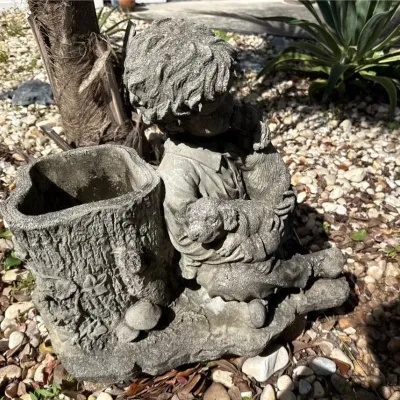 Vintage Cast Stone Child with Puppies & Tree Stump Garden Planter Statue