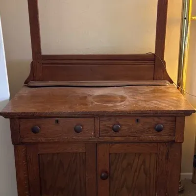 Antique Mission Oak Washstand / Dry Sink Cabinet with Towel Bar, Two Drawers & Lower Storage