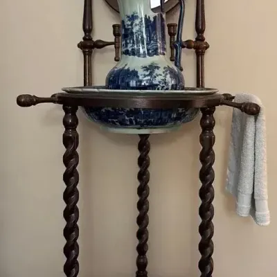 Victorian-Style Barley Twist Washstand with Oval Mirror & Blue and White Pitcher and Basin Set