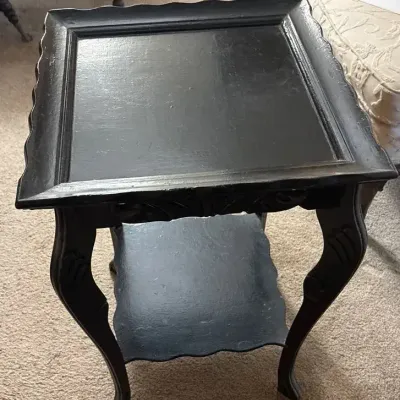 Vintage Black Painted Wood Accent Side Table with Carved Cabriole Legs & Lower Shelf