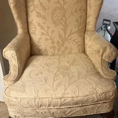Vintage Queen Anne Style Wingback Armchair with Cream Floral Damask Upholstery & Claw-and-Ball Feet