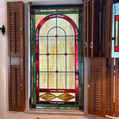 Large Victorian-Style Leaded Stained Glass Window Panel – Ruby Red, Green & Amber Glass