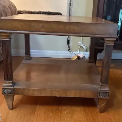 2 Traditional Wood Rectangular End Table with Lower Shelf, Column Legs & Decorative Accents