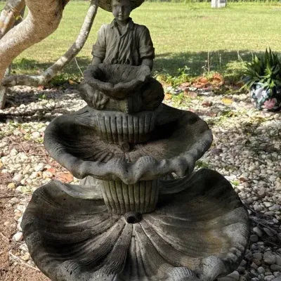 Large Three-Tier Cast Stone Garden Fountain with Seated Child Figure – Ornate Floral Basins 