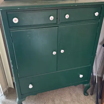 Vintage Cottage Style Painted Green Wooden Cabinet with Porcelain Floral Knobs