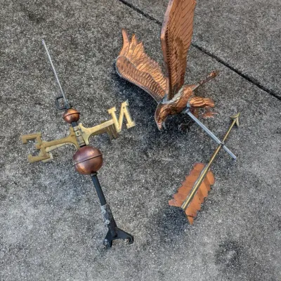 Vintage Copper Flying Eagle Weathervane & Brass Directional Rooftop Weathervane – 2 Pieces