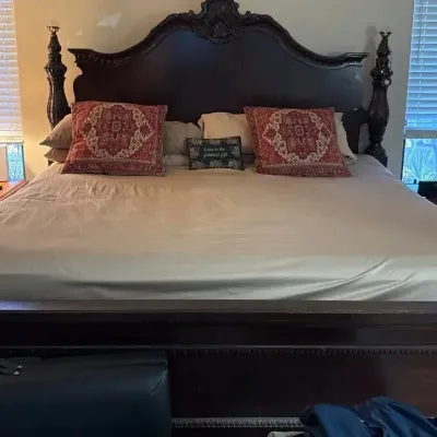 Grand King-Size Ornate Carved Wood Bed Frame with Tall Headboard, Decorative Posts & Footboard