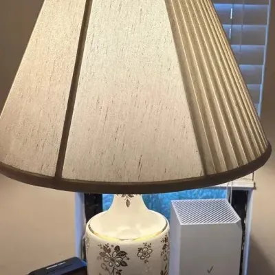 Elegant White Porcelain Table Lamp W/ Gold Floral Accents, Pleated Shade & Crystal Finial