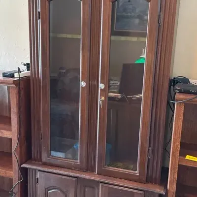 Vintage Wood Gun Display Cabinet with Glass Doors, Lock & Lower Storage
