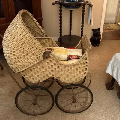 Vintage Wicker Baby Carriage Pram with Folding Canopy & Large Spoked Wheels