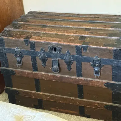 Antique Steamer Trunk with Wood Slat Reinforcements, Black Metal Hardware & Original Latches