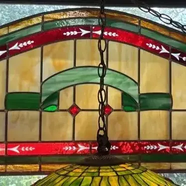 Large Victorian-Style Arched Stained Glass Window Panel – Red, Green & Amber Geometric  43 X 19 1/2 