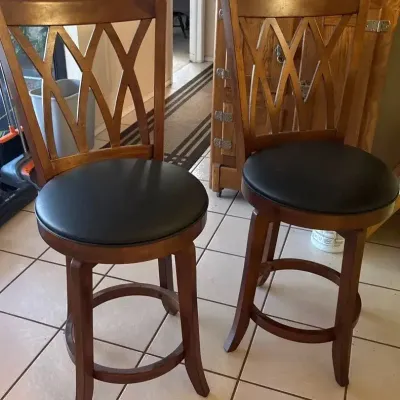 Pair of Wood Swivel Bar Stools with Geometric Lattice Backs & Black Cushioned Seats