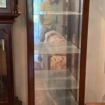 Tall Curved Glass Curio Display Cabinet with Arched Top, Etched Glass & Glass Shelves