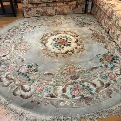 Large Oval Sculpted Floral Area Rug – Aubusson Style with Raised Rose Design & Fringe 7 1/2 Foot 