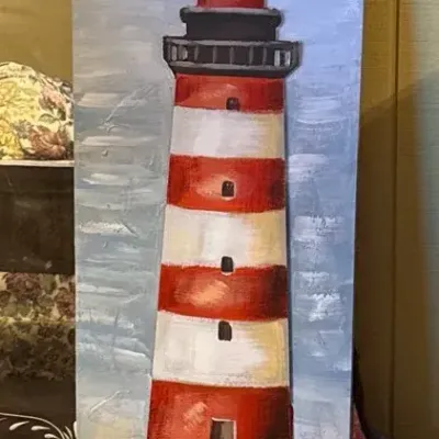 Large Coastal Lighthouse Mixed Media Canvas Wall Art with 3D Raised Seashell & Rock Details