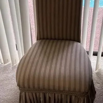 Traditional High-Back Upholstered Slipper Chair with Striped Fabric & Gathered Skirt