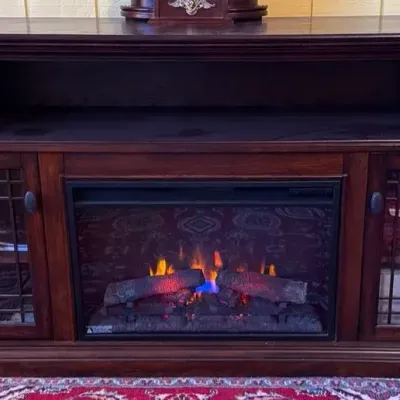 Electric Fireplace with Dark Wood Mantel, Glass Side Cabinets & Realistic Flame