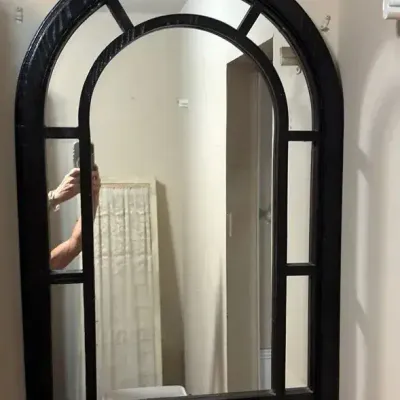 Large Black Arched Windowpane Wall Mirror with Decorative Wood-Style Frame