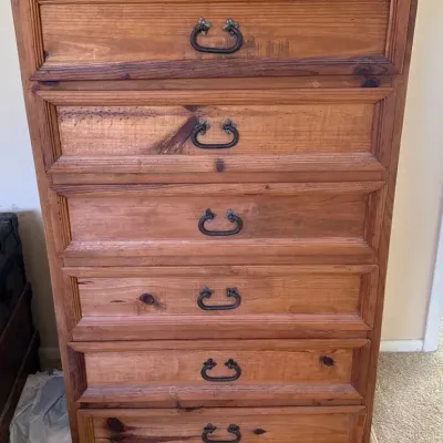 Rustic Solid Pine Tall Chest of Drawers – 6 Drawer Dresser with Dark Metal Bail Pulls 