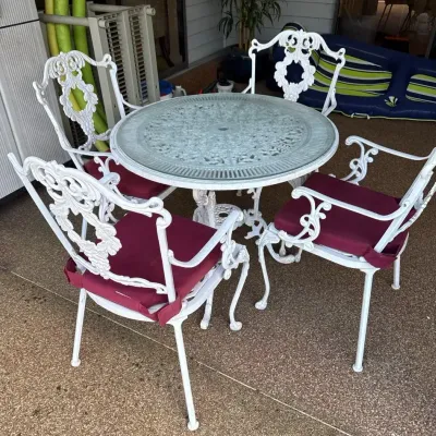 Ornate English Garden Dining Set – Round Table & 4 Wreath-Back Armchairs – Purchased in England