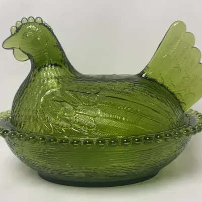 Sale Photo Thumbnail #29: Vintage Indiana Glass Olive Green Hen on Nest