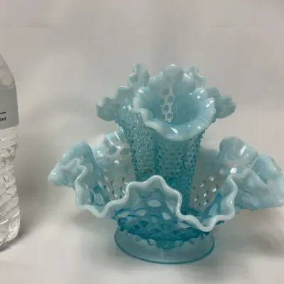Sale Photo Thumbnail #6: Fenton Blue Opalescent Hobnail 4-Piece Epergne