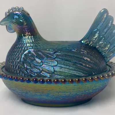 Sale Photo Thumbnail #28: Vintage Indiana Blue Carnival Glass Hen on Nest