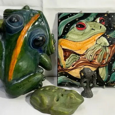 Frog Theme Decor: Artist Signed Tile, Wall Pocket, Flower Frog & Metal Figurine