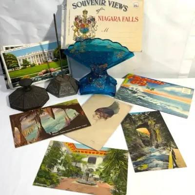 Fan Vase With Japanese-style Decor, Vintage Post Cards, Metal Receipt Spike & Advertising Paperweigt