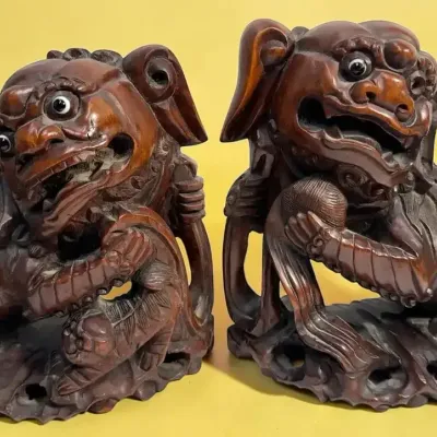 Carved Hardwood Foo Dog Figurines