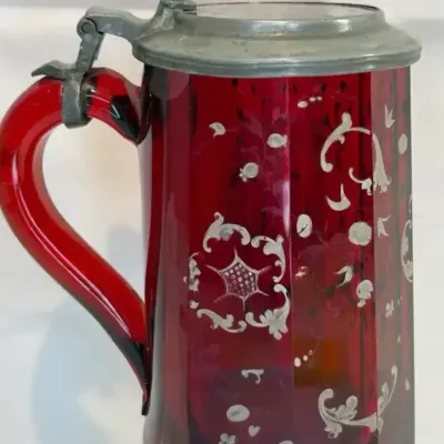 Bohemian Ruby Red Etched Glass Tankard 