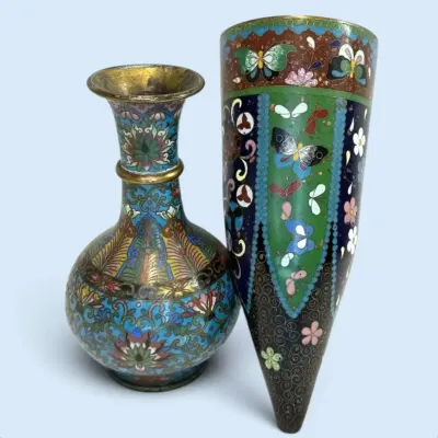 Antique Japanese Tapered Cloisonne Wall Vase & Other